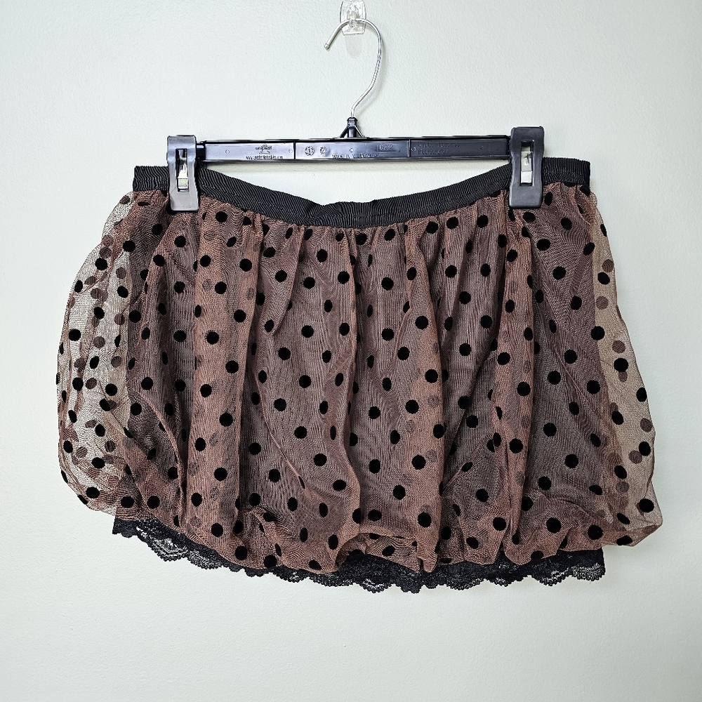 Kimchi Blue Emory Polka Dotted Tulle Bubble Micro Skirt, Brown Black, Size MED - Picture 6 of 8